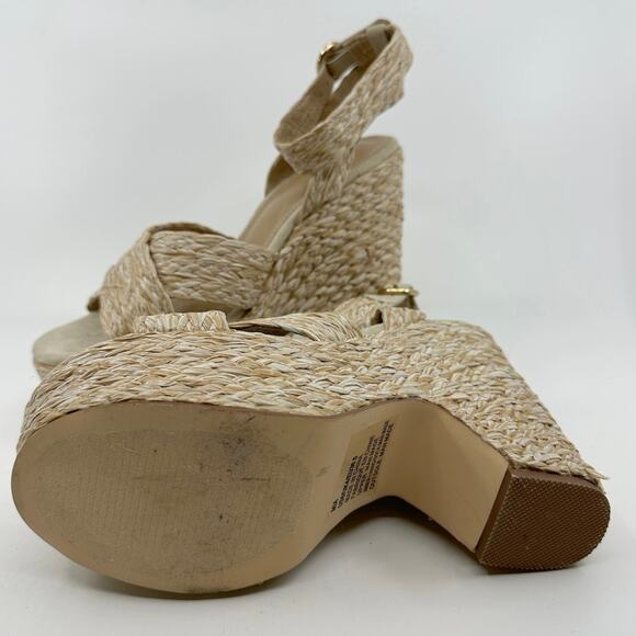 Just Fab Mia Sandals Women Sz 6 Beige Notched Wedge Straps Crisscross Espadrille - Picture 8 of 9